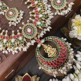 Vriksham Lotus Designer Red White Green Kundan Jadau Guttapusalu Neckpiece-Rice Pearl-J3367